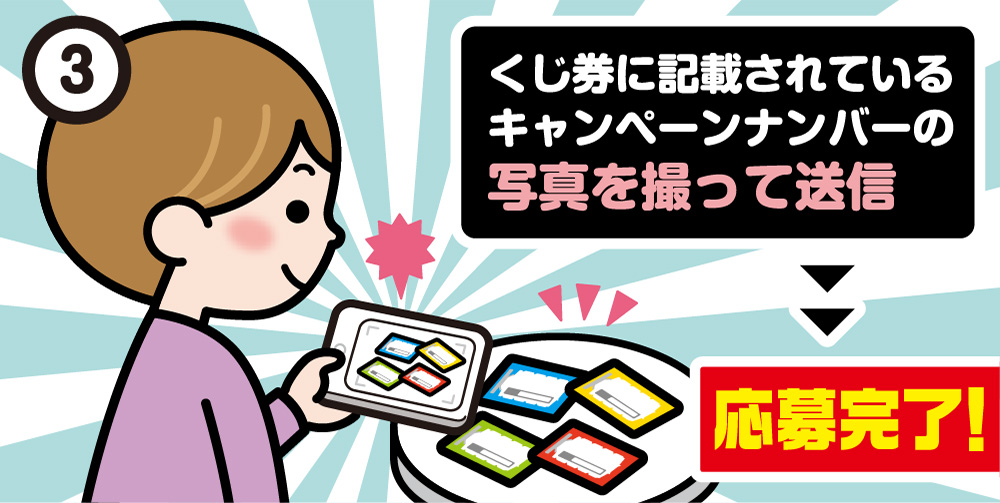 ③くじ券に記載されているキャンペーンナンバーの写真を撮って送信　応募完了！